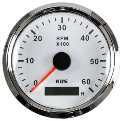 Тахометр 0-6000 об/мин со счетчиком моточасов делитель 0.5-250, белый циферблат, нержавеющий ободок