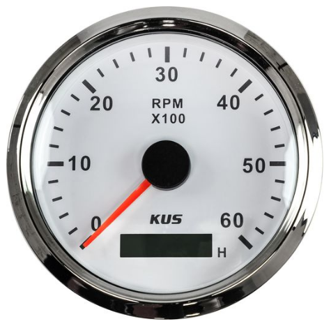 Тахометр 0-6000 об/мин со счетчиком моточасов делитель 0.5-250, белый циферблат, нержавеющий ободок,