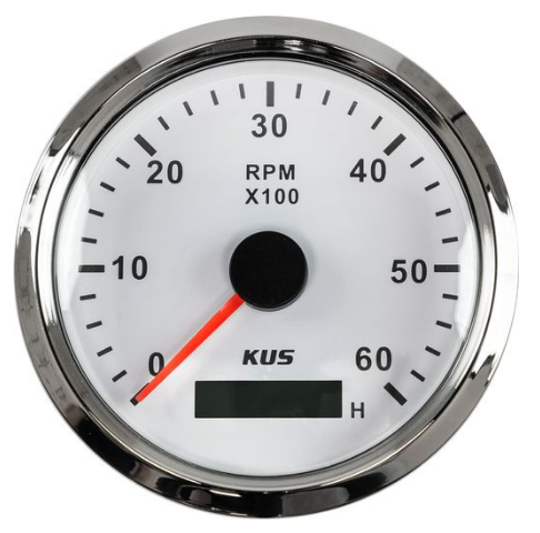 Тахометр 0-6000 об/мин со счетчиком моточасов делитель 1-10, белый циферблат, нержавеющий ободок